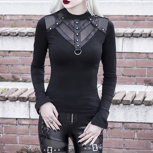 

rosetic women and shirts mesh patchwork long sleeve bodycon black women gothic streetwear punk slim turtleneck female, White