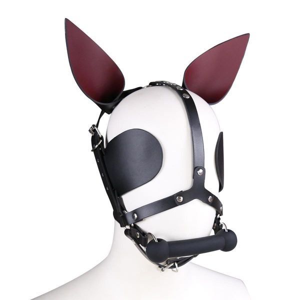 Bondage Imbracatura in pelle di mucca Cappuccio in pelle Testa Maschera di cavallo Osso di cane Bocca Bavaglio Bondage BDSM Giochi sessuali Giocattolo # R52