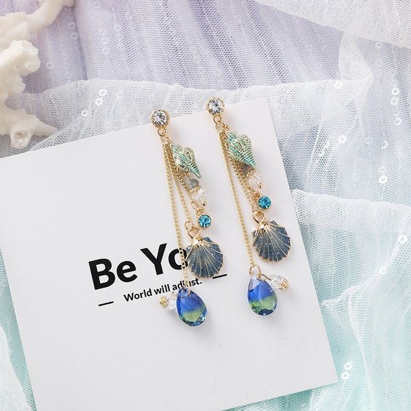 

korea new design fashion jewelry alloy conch shell drop earrings tassel long crystal earrings for women gift, Silver