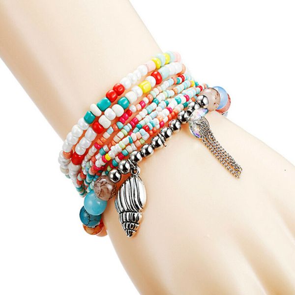 

woemn girl fashion boho style multilayer natural stone crystal beded bracelet women creative tassel pendant chain, Golden;silver