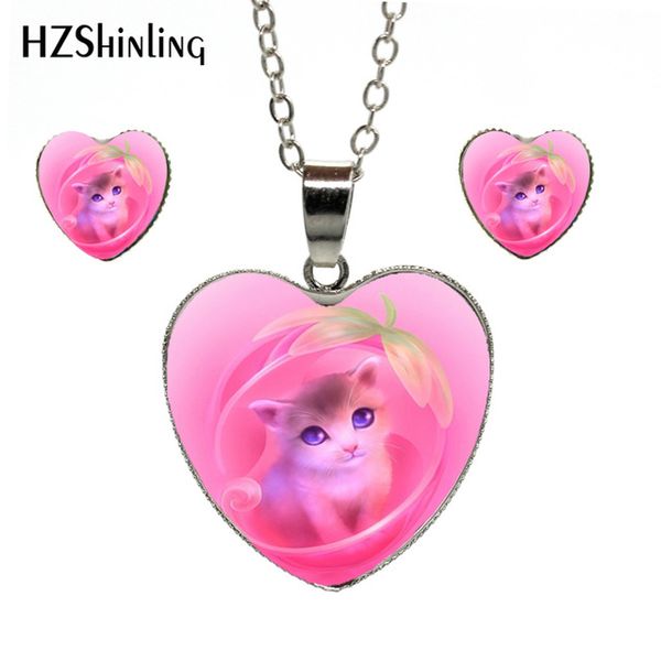 

lovely cats cartoon cats hand craft jewelry heart necklace earrings fashion silver color chains heart pendants and earrings, Slivery;golden