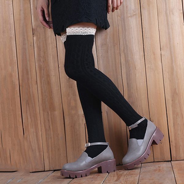 

2019 autumn women cotton stockings with lace cuffs outdoor warm over knee long socks twist pattern young lady thigh stocking, Black