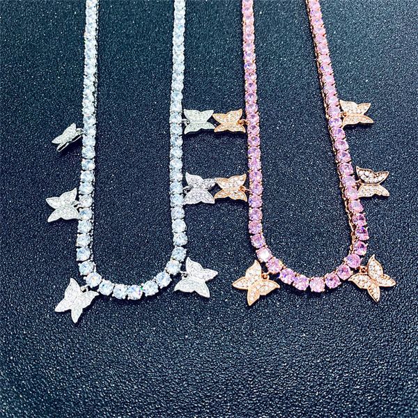 

charming mens women necklace 16inch rose gold silver colors full cz butterfly pendant tennis chain necklace for men women gift