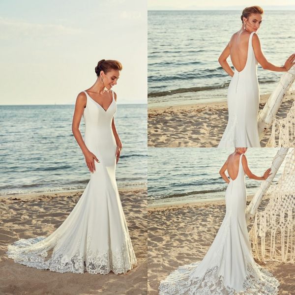 

eddy k 2019 satin wedding dresses lace appliqued v neck backless bridal gowns mermaid trumpet country boho beach wedding dress, White