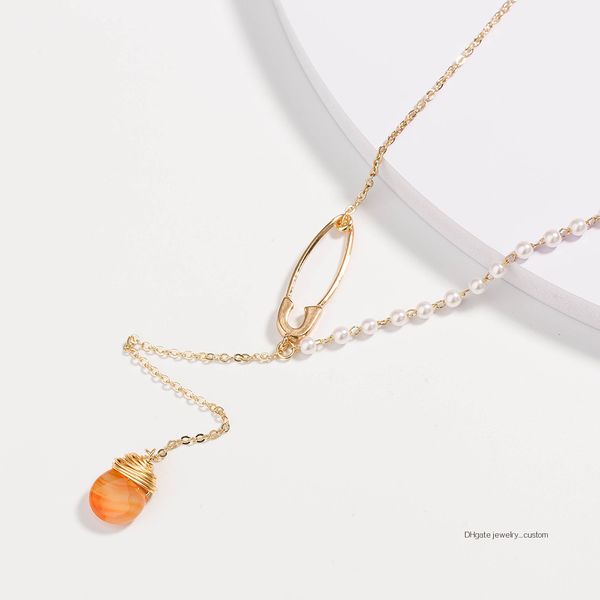 

2019 личность многоуровневое ожерелье женщина pin жемчужина ключицы цепочка натуральный апельсин капельное аксессуары, Silver