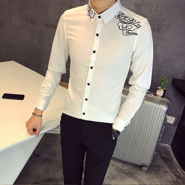

марка дизайнер смокинг мода 2020 slim fit с длинным рукавом мужчины вышивки повседневная плюс размер рубашки платья мужской одежды 5xl-s, White;black