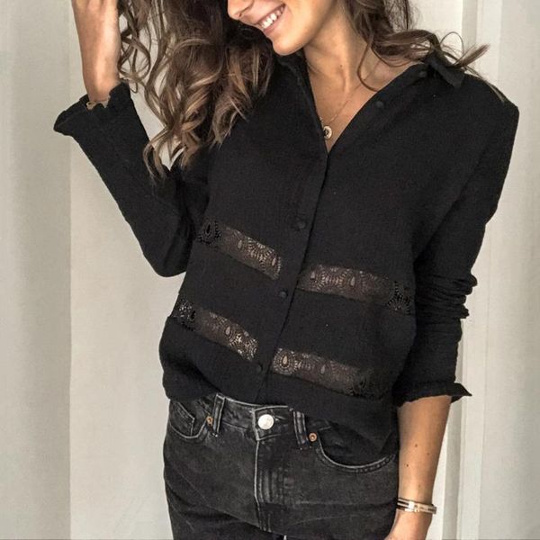 

women's blouses & shirts 2021 elegant office lady solid long sleeve stitching hollow out lacework plus size shirt vintage gift, White