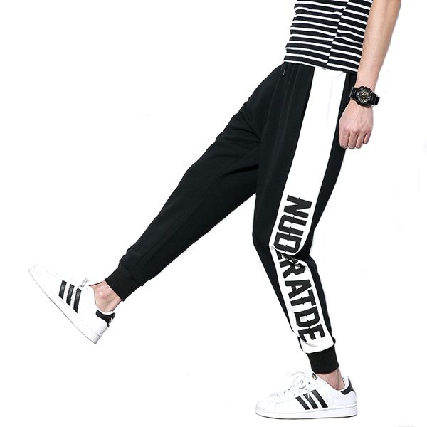 

men casual pants nice male retro striped harem trousers beam feet patchwork cotton sweatpants jogger tracksuit funky sweatpants, Black