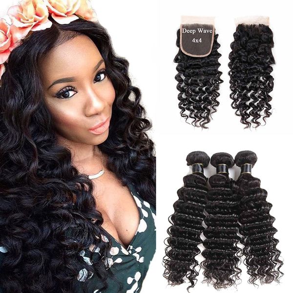 

9a brazilian malaysian virgin hair bundles with closures lace closure deep wave body wave human hair bundle with closure ing, Black;brown