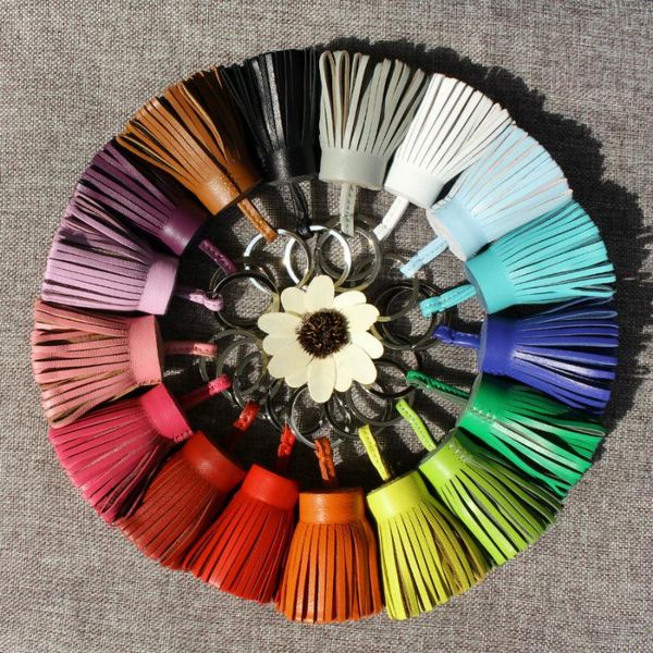 

famous genuine natural real leather tassel keychain for keys car key chain key ring women bag charm pendant girls, Silver