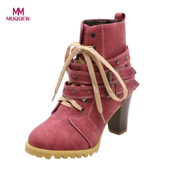

2018 winter shoes women middle boots warm belt buckle rivet high thick with short boots shoes leisure ankle female botas, Black