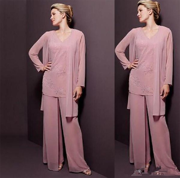 Eleganti tailleur pantalone madre della sposa rosa polveroso con giacca in pizzo Applique tre pezzi Abiti da cerimonia per madri da sposo per ospiti di nozze