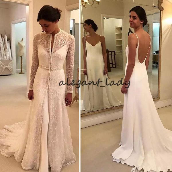 

lace stain mermaid wedding dresses with long sleeve jacket 2019 backless graceful trumpet garden outdoor church bridal wedding gown, White