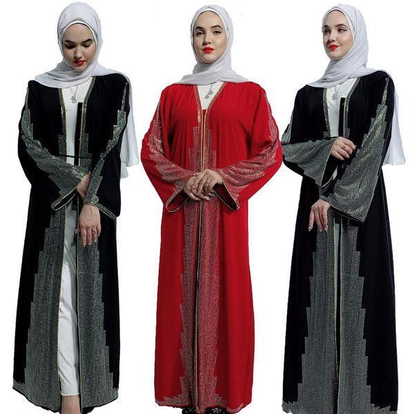 

dubai luxury long maxi dress muslim women open front cardigan jilbab robe abaya rhinestone party evening kimono gown fashion new, Red