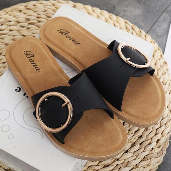 

summer women flat non-slip sandals shoes beach slippers fashion round buckle comfortable sandals flip flops female shoes xx331, Black