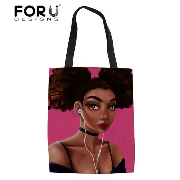 

forudesign black art afro lady girls shopping bags women foldable eco shopper bag for females beach totes teenagers bookbags