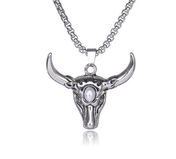 

european and american style male hip-hop necklace, diamond-set bull head pendant, titanium steel chain, fashion necklace wy730, Silver