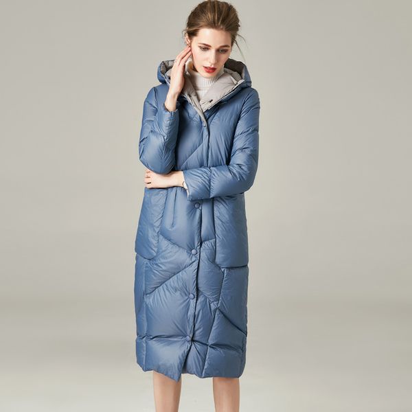 

women's winter runway down coats hooded collar white duck down warm parkas fashion long outerwear overcoats, Black