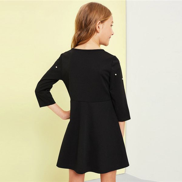 

black solid girls pearl beading flare casual dress children clothing spring fashion a line cute short dresses, Red;yellow