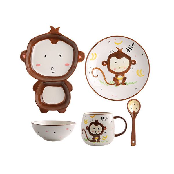 Cartoon Monkey Ceramic Dinnerware Conjunto para crianças crianças criança pintada à mão Placas de bandeja de alimentação de animais Placas de bandeja de prato