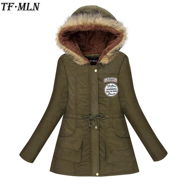 

tfmln 2019 winter jacket women wadded parkas female outerwear slim hooded coat long cotton padded fur collar jacket plus size, Black