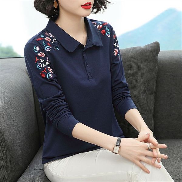 

95 cotton 2020 women's lapel long sleeve t-shirt large size loose embroidered middle-aged t-shirt embroidery embroidery mother collar t, White