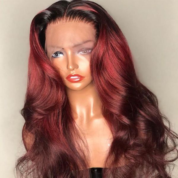 

13*4 body wave 1b/99j colored lace front human hair wigs for women ombre burgundy lace front wig pre plucked brazilian remy hair, Black;brown