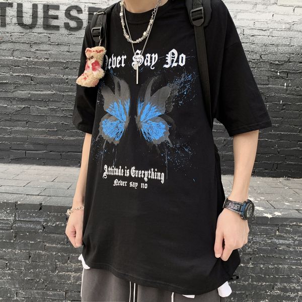 

tide brand designer men luxury butterfly printed short-sleeved t-shirt mens summer european and american popular brand bf wind hip hop loose, White;black