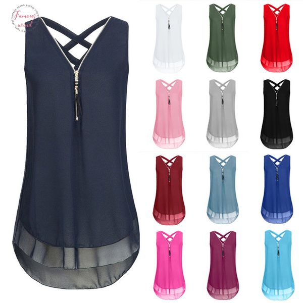 

summer chiffon v neck tank womens zipper vest sleeveless criss cross casual loose shirts ladies plus size 5xl, White