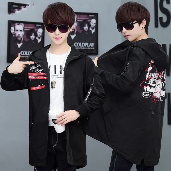 

fashion letter pattern print trench coat teenager hooded outerwear new arrival 2019 autumn winter, Tan;black