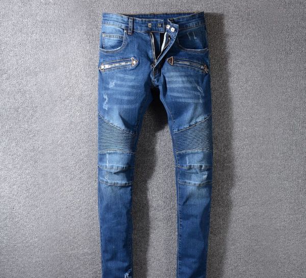 

mens designer jeans fashion brand denim pants classic blue slim fit pencil pants motorcycle pants zipper design