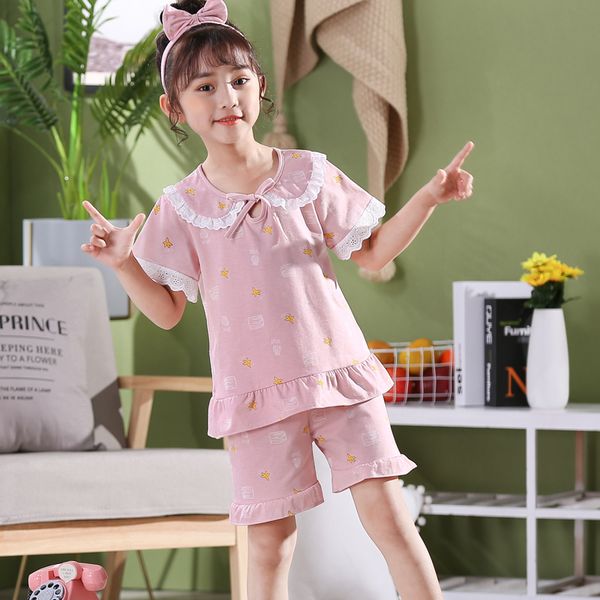 

summer children's pajamas short sleeve pyjamas kids t-shirt+pants 2pcs cotton nightwear for girl baby teenage princess sleepwear, Blue;red