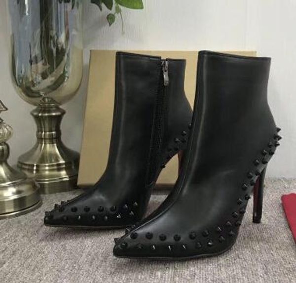 

2019 luxury black red leather with spikes pointed toes womens ankle boots fashion designer ladies red bottom high heels shoes pumps