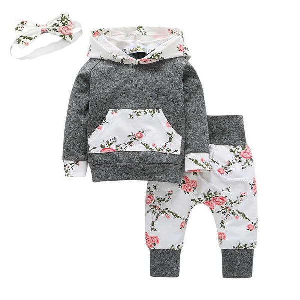 

baby girl boy одежда весна новорожденного ребенка комплекты футболки брюки оголовье 3шт цветочные печати newborn baby girl clothes 0-24м, White