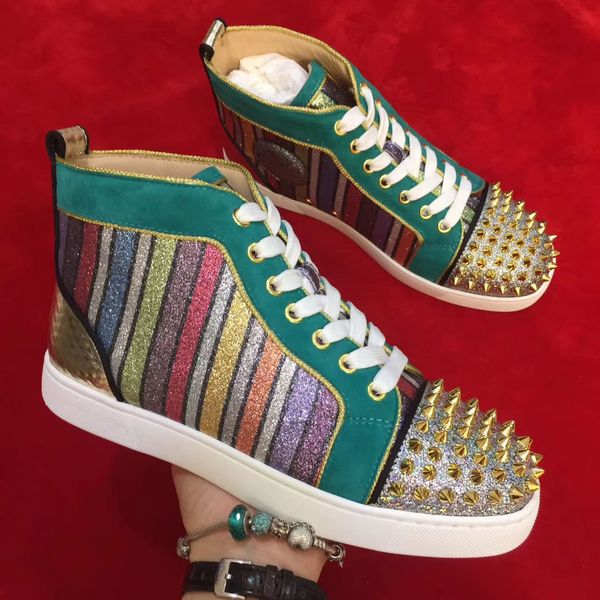 

2019 lastest fashionable beautiful rainbow style leather high flat light gold spikes toe sneakers ing, Black