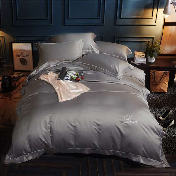 Silver White Cotton Imitate Silk Luxury Bedding Sets Queen King