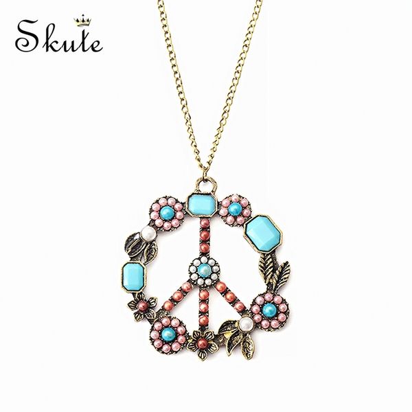 

skute vintage colorful flower leaf anti-war sign peace symbol pendant necklaces for women long chain necklace boho jewelry gift, Silver