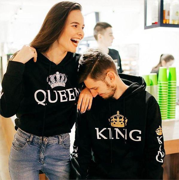 

king queen printed couple hoodies sweety women men sweatshirt lovers couples hoodies casual pullovers gift drop shipping, Black