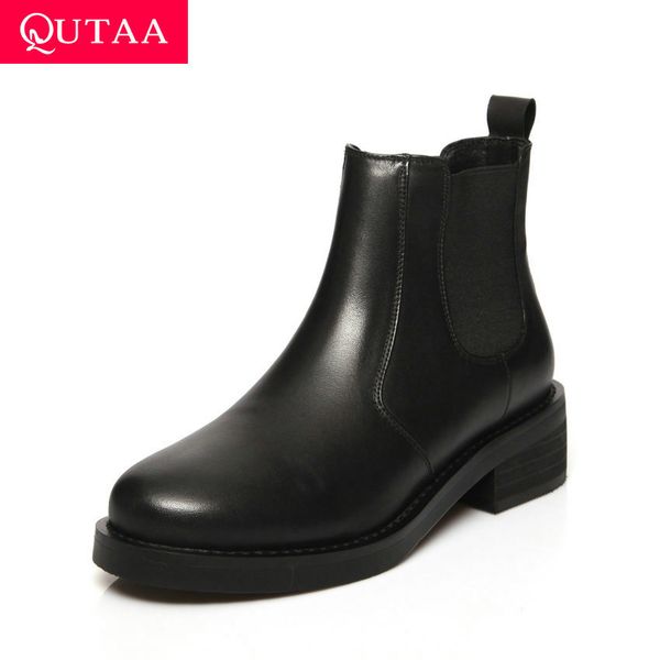 

qutaa 2020 round toe platform slip on fashion women shoes genuine leather middle heel autumn winter casual ankle boots size34-42, Black