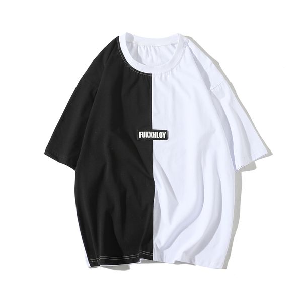 

mens t shirts hip hop splice short sleeve o-neck tees 2019 new color stitching mens casual summer lovers t shirt, White;black