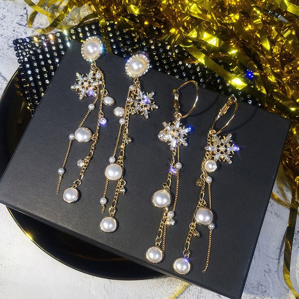 

fashion- new arrival metal trendy geometric women dangle earrings pearl snowflake eardrop long tassele earrings feminine korean, Silver