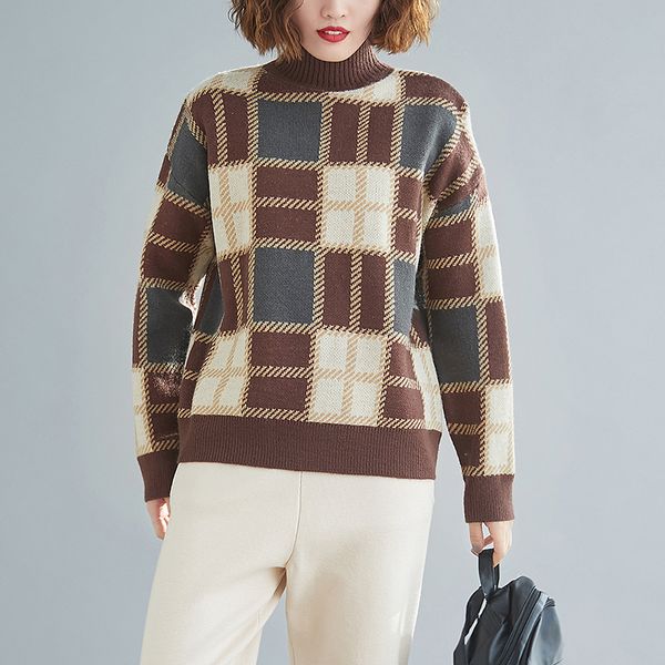 

sweater women spring autumn large size turtleneck sweater plaid long sleeve turtleneck female clothes casual women, White;black