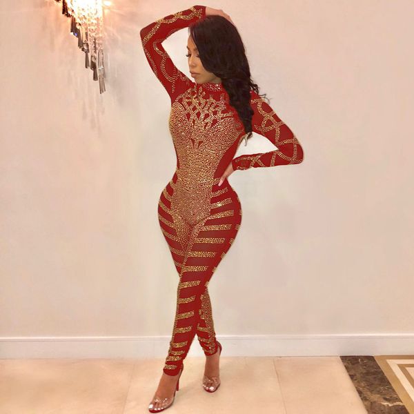 

new designer women long sleeve jumpsuits collar rhinestone irregular mesh high waist jumpsuit womens party romper clothing size s-2xl, Black;white