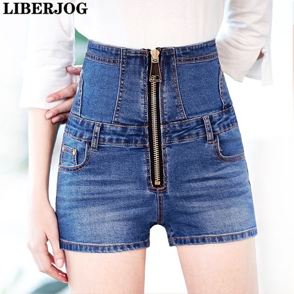 

liberjog women denim shorts zipper high waist slim stretch casual vintage femme short jeans female plus size shorts summer, White;black
