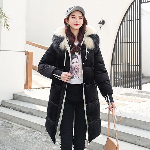 

2019 winter new gold velvet down jacket women parka plus size fashion fur collar long warm long down cotton padded jacket coat, Tan;black