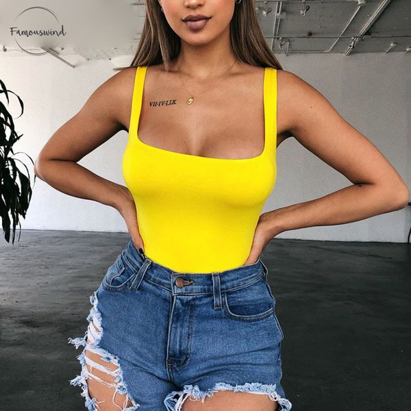 

sleeveless yellow bodysuit strappy summer romper neon 2019 women square collar tank body female drop shipping, Black;white