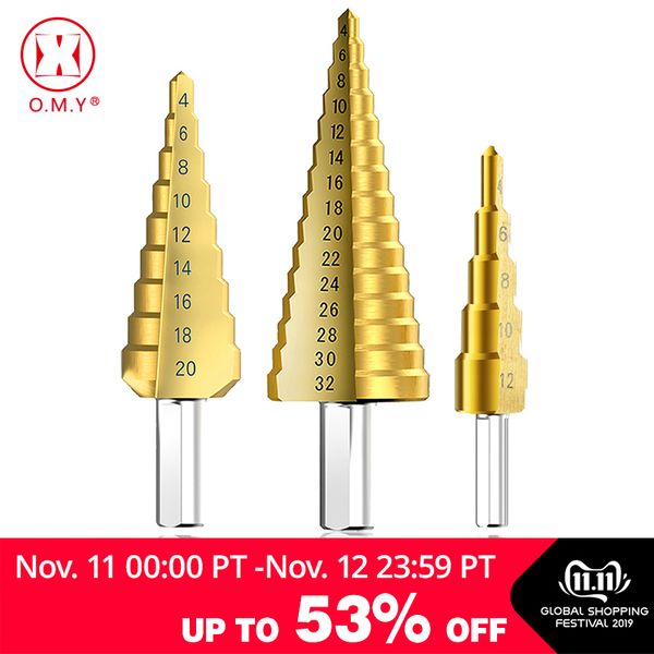 

omy professional hss steel large step cone triangular handle coated metal drill bit cut tool set hole cutter 4-12/20/32mm