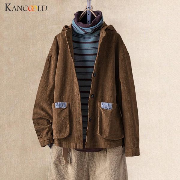 

kancoold coats women corduroy casual hooded plus size long sleeve pocket jacket solid fashion new coat women 2019dec4, Black;brown
