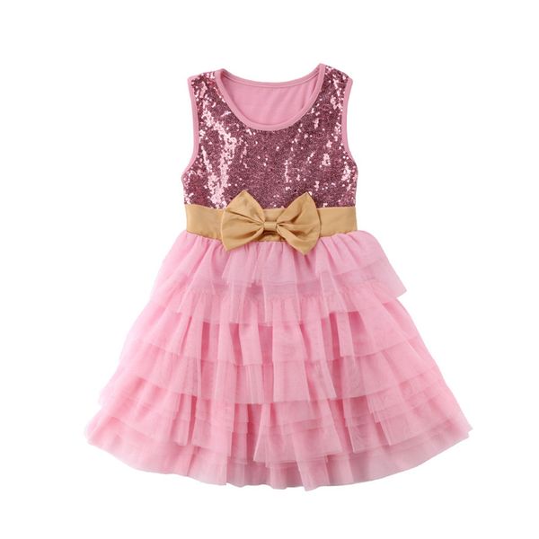 

fashion flower girls dress pink sequined tulle birthday party lace cake dress 2018 summer princess bowknot dresses clothes, Red;yellow