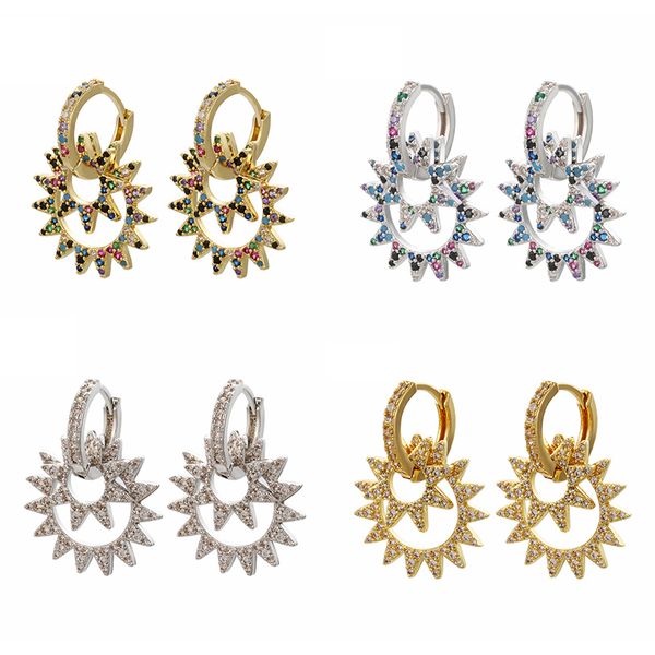 

luruixu fashion 1pair rainbow cz explosion sun small hoop earrings for women gold silver layered gear drop earring charm jewelry, Golden;silver